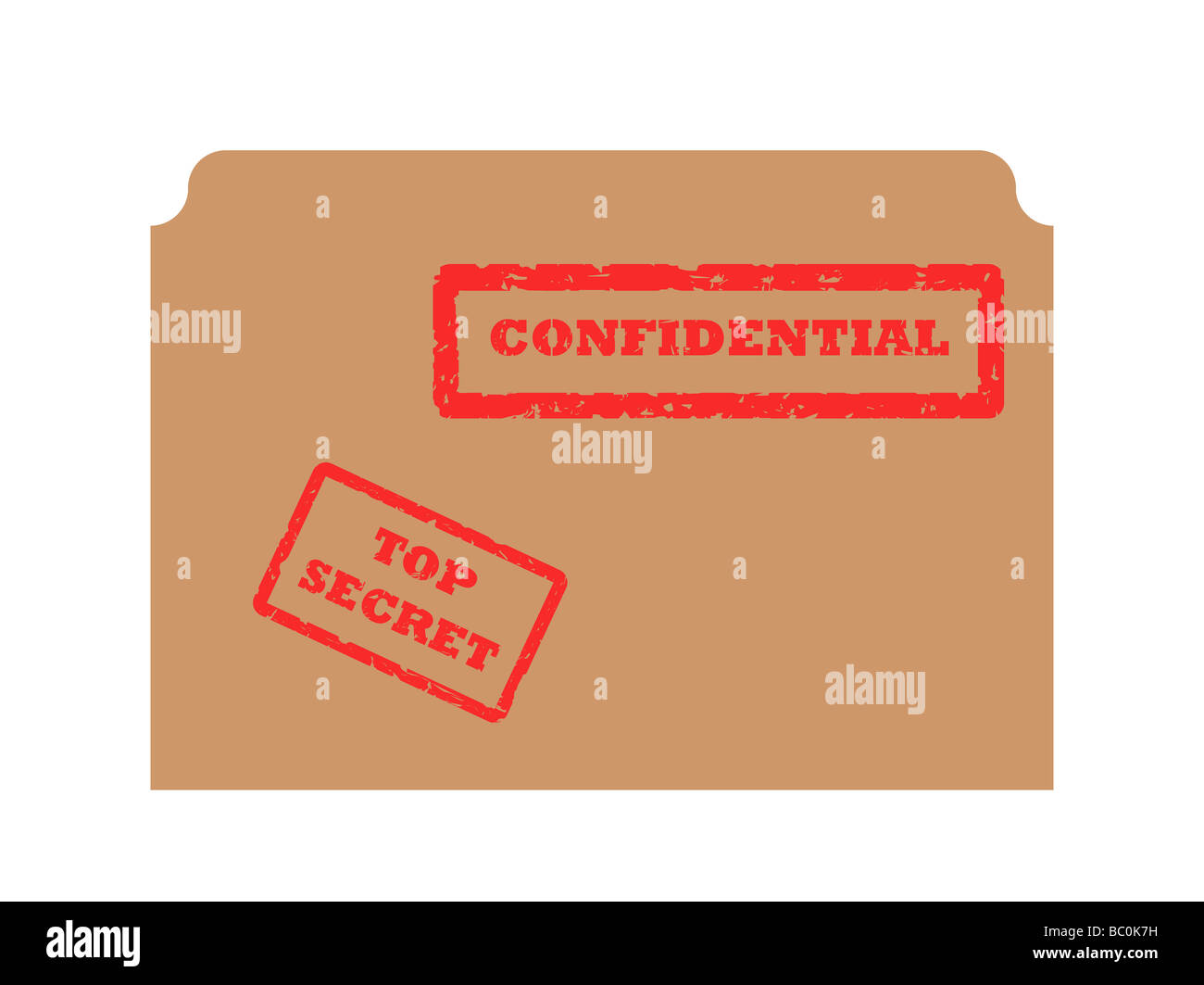 Red secret and confidential stamp on brown envelope isolated on white background Stock Photo