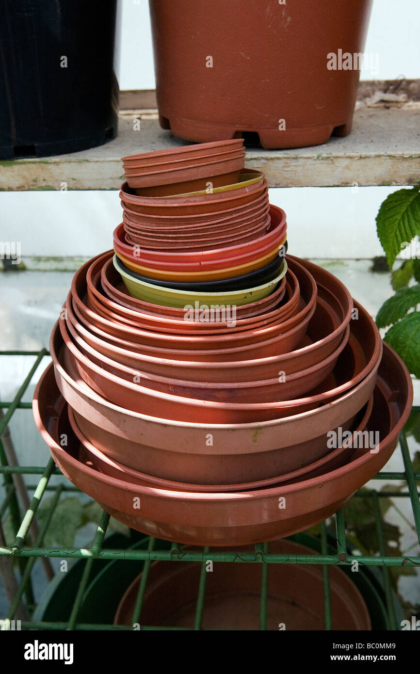 A pile of flower pot saucers sit inside a greenhouse with dappled sun
