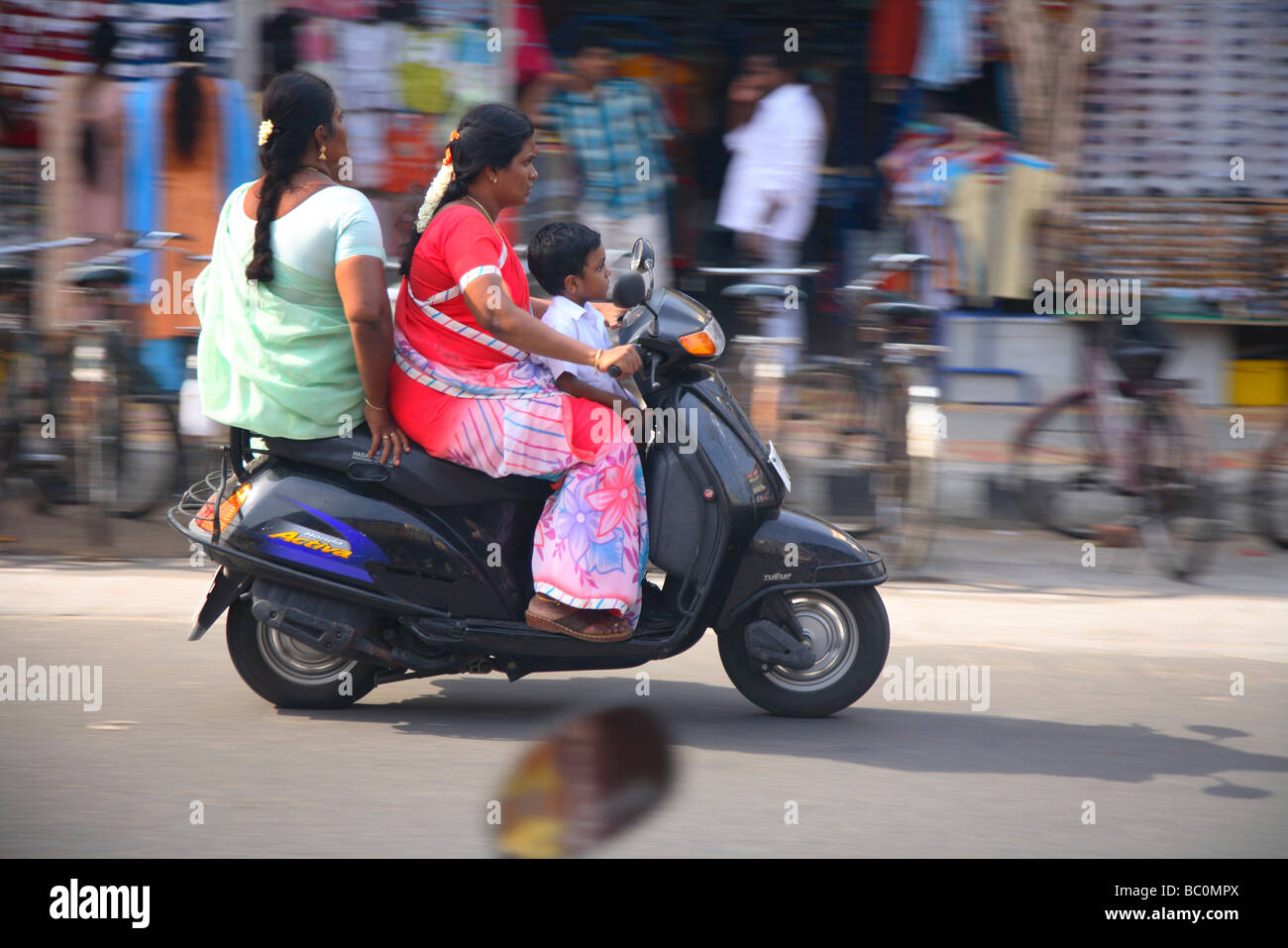 India, Tamil Nadu, Puducherry, Pondicherry, motor bike in traffic Stock