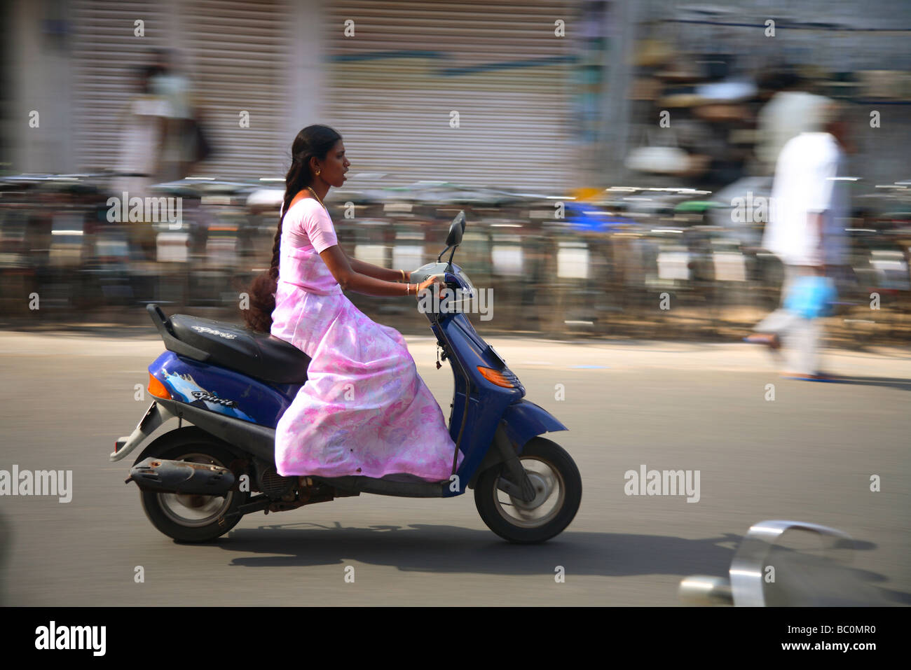 India, Tamil Nadu, Puducherry, Pondicherry, motor bike in traffic Stock