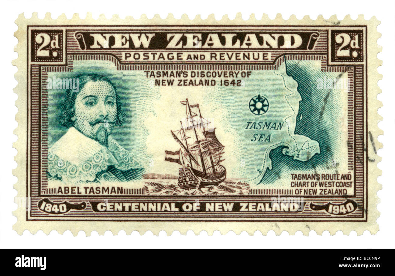 Old postage stamp with Abel Tasman, first European to reach the west coast of New Zealand Stock Photo
