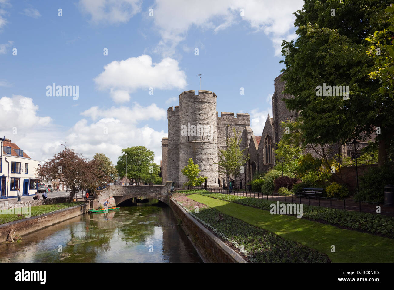 View along the River Stour to Westgate towers from West Gate gardens in Canterbury Kent England UK Great Britain Stock Photo