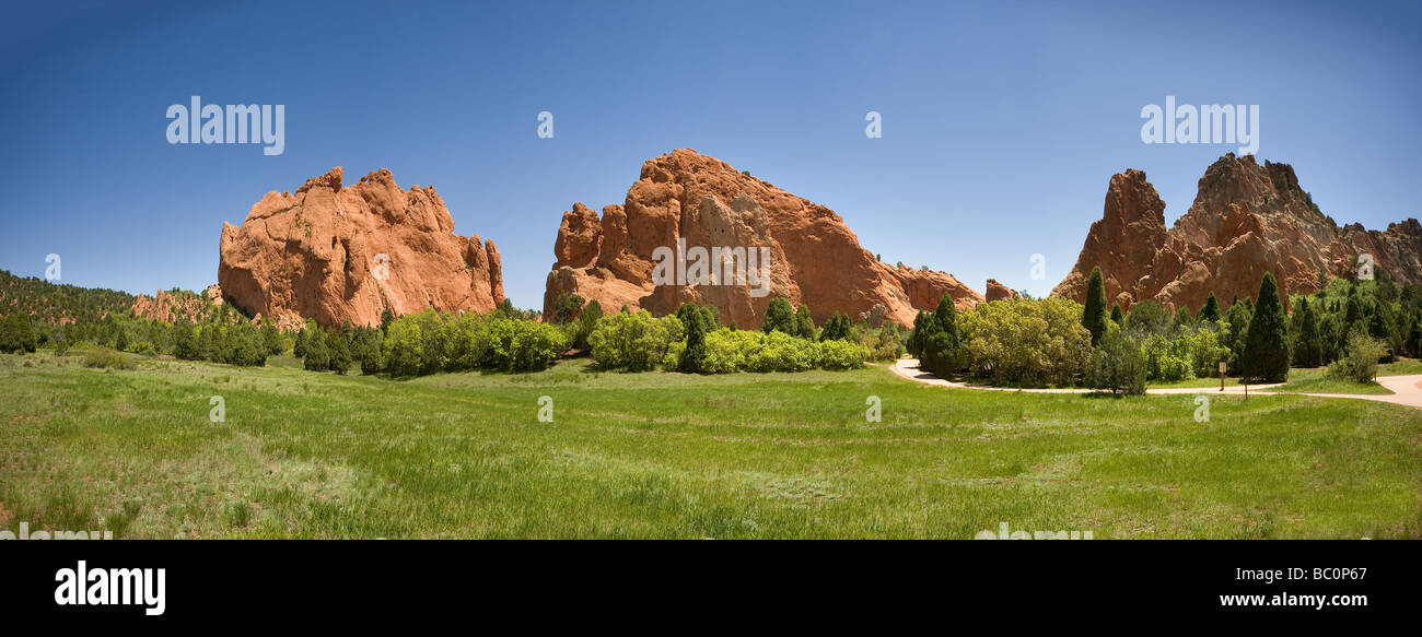 Field & Rock Formations Panorama, Garden Of The Gods, Colorado Springs, Colorado USA Stock Photo