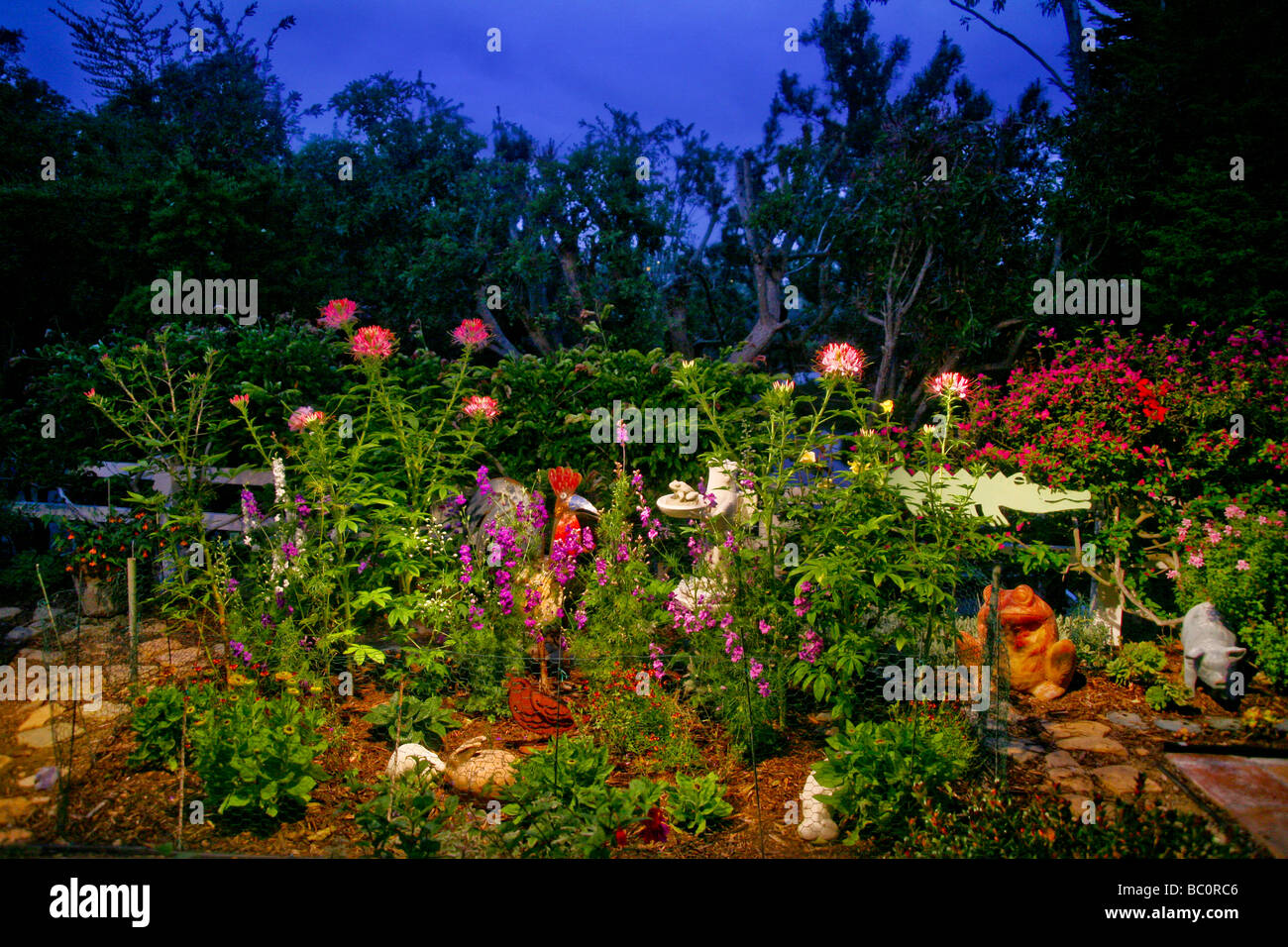 Amusing figures of a rooster, winged frog, and hippopotamus decorate a Southern California garden at twilight. Stock Photo