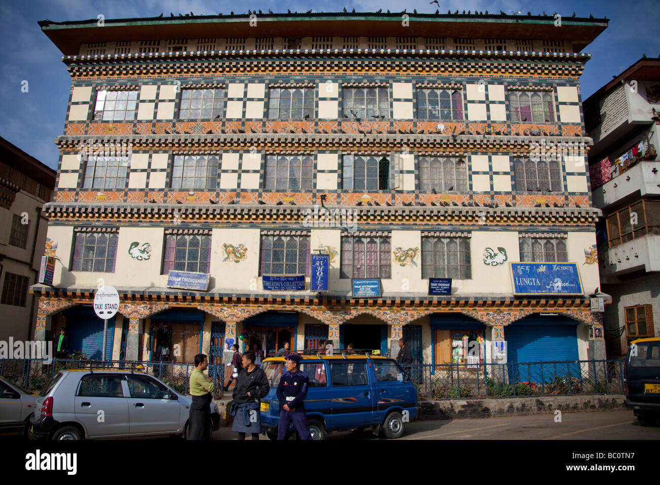 typical house and shops  buildings in Thimphu Bhutan Asia  91357 Bhutan-Thimphu Horizontal Stock Photo