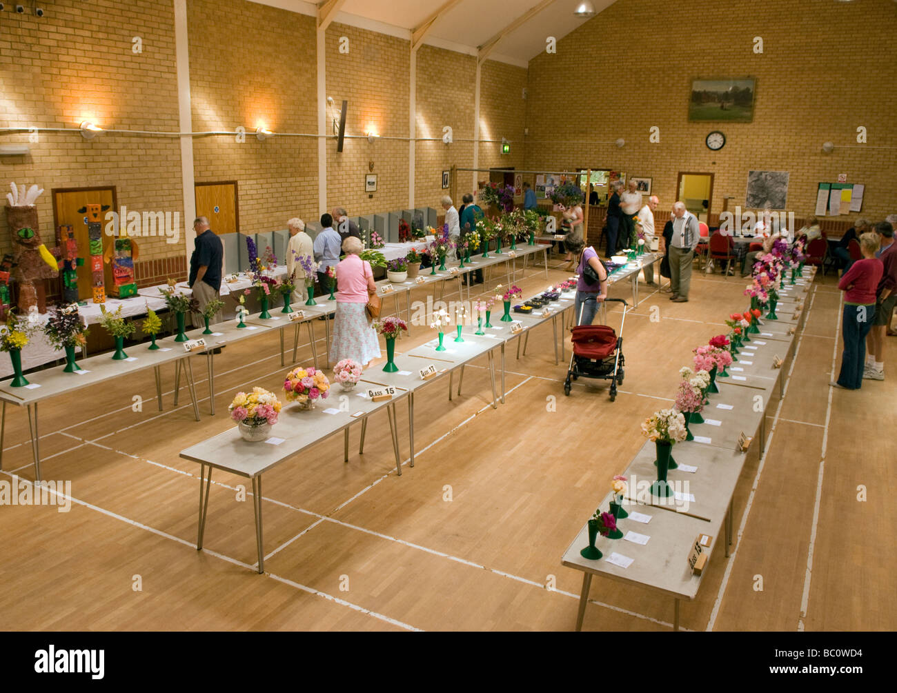 Visitors perusing entries at Chiddingfold Flower Show, Village Hall, Chiddingfold, Haslemere
