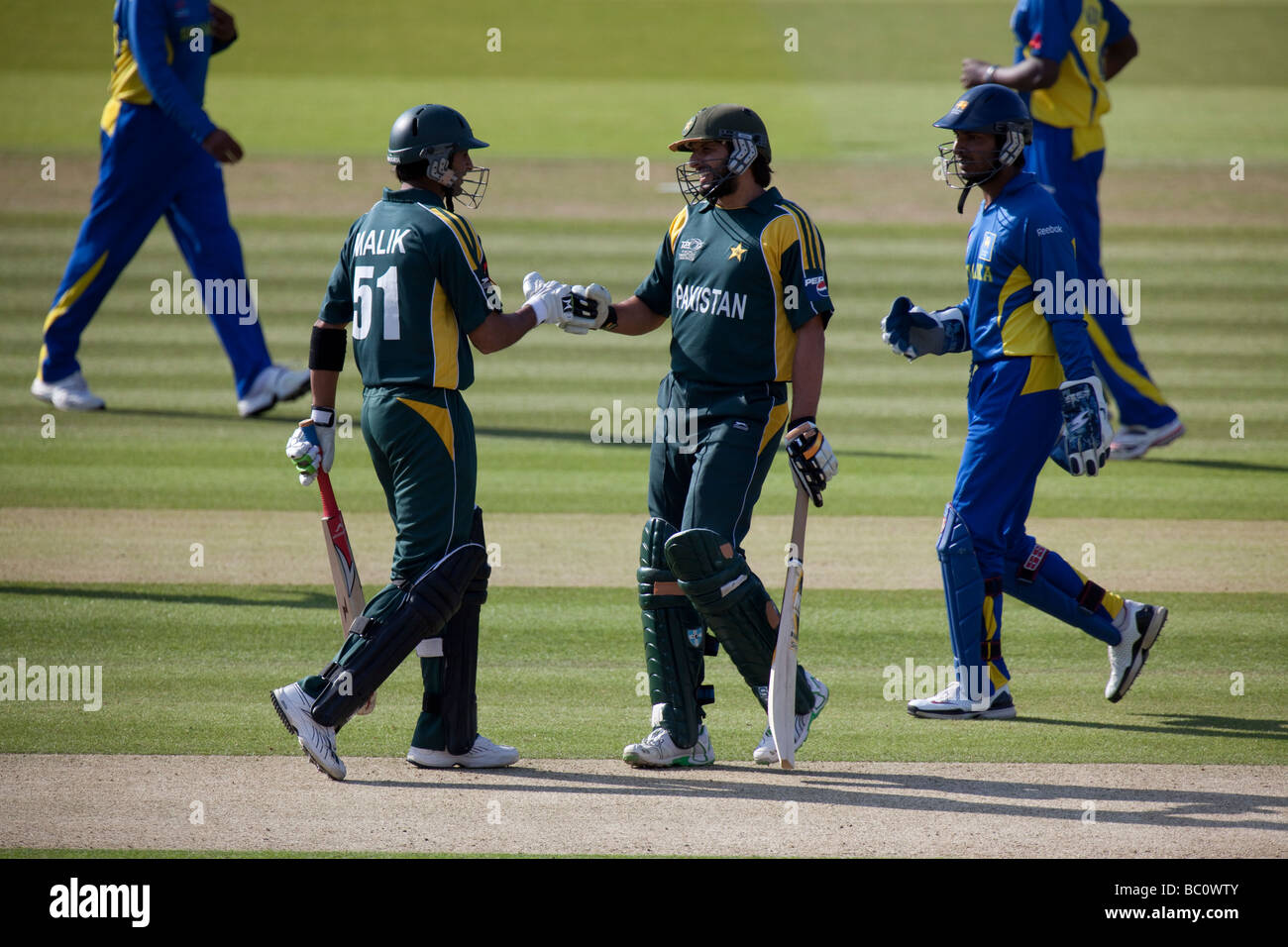 Shoaib Malik of Pakistan and Shahid Afridi of Pakistan during the ICC World Twenty20 Final between Pakistan and Sri Lanka. Stock Photo