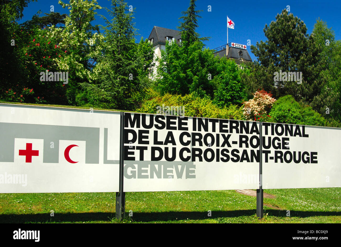 At the entrance to the International Red Cross and Red Crescent Museum in Geneva Switzerland Stock Photo