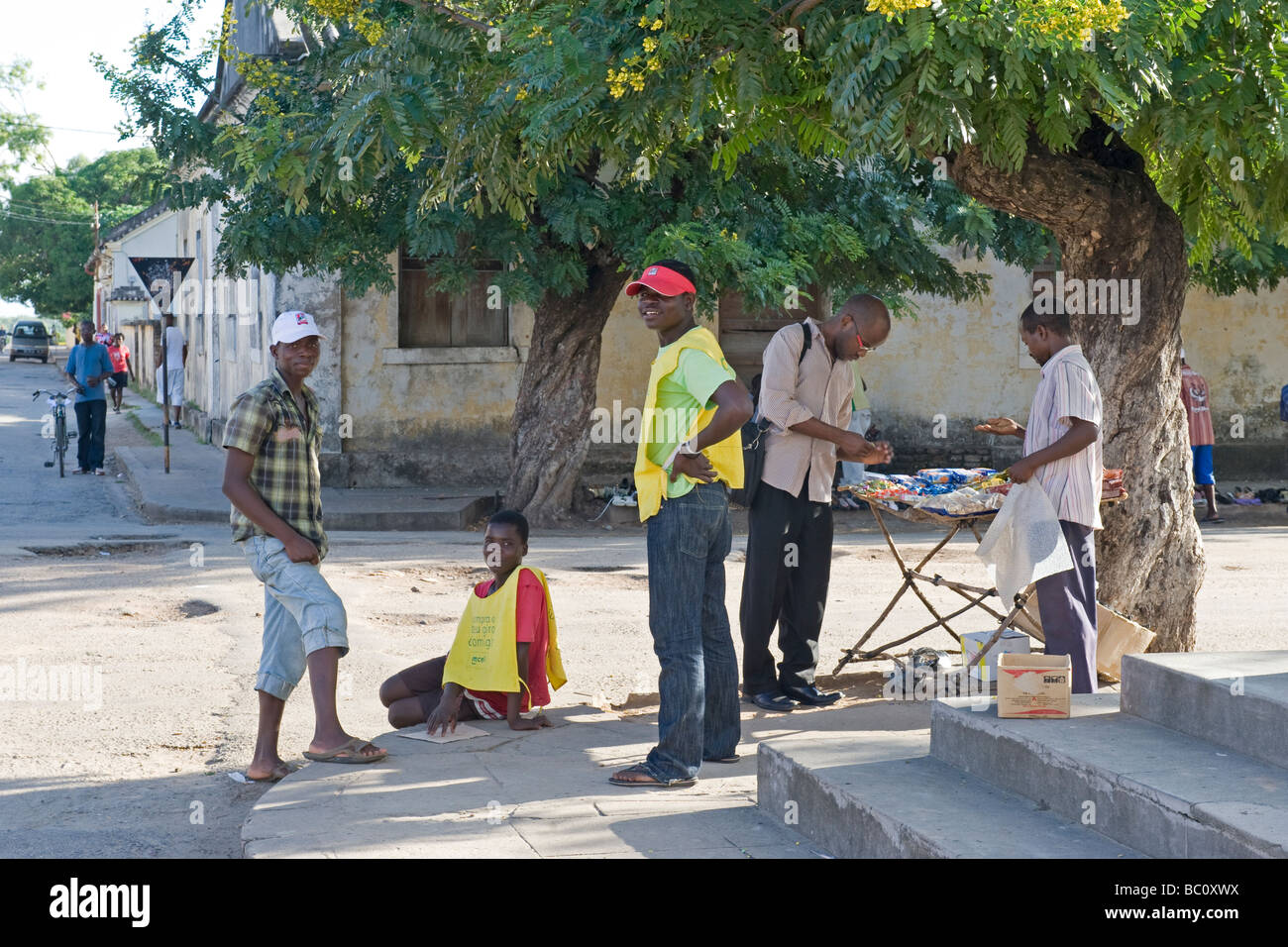 Street hawkers selling talk time for mobile phones Quelimane Mozambique Stock Photo