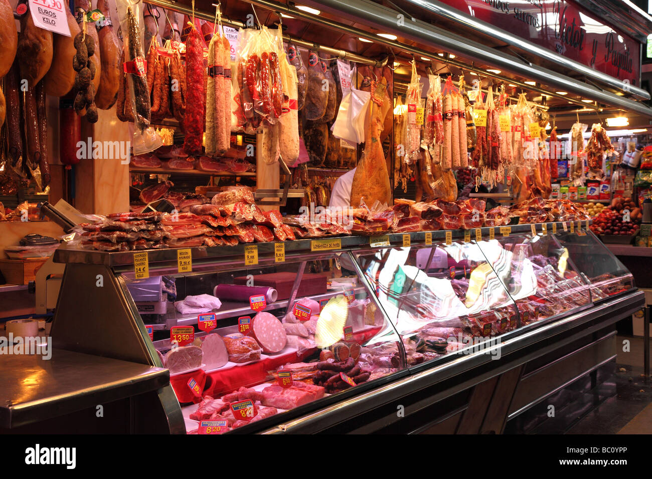 Meat stall La Boqueria market hall Barcelona Catalunya Spain Stock