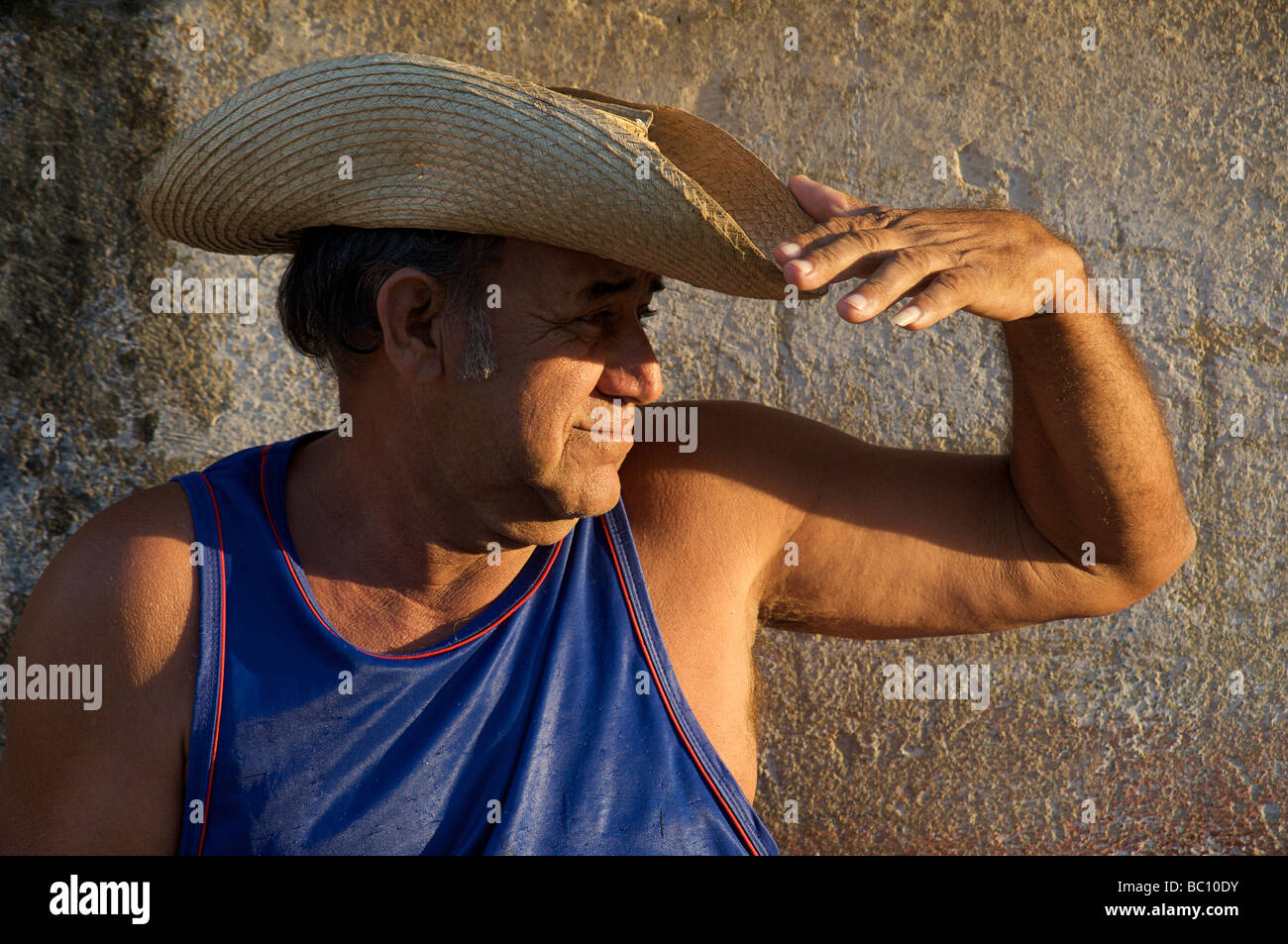 Cuban man with distinctive hat. Trinidad, Cuba Stock Photo