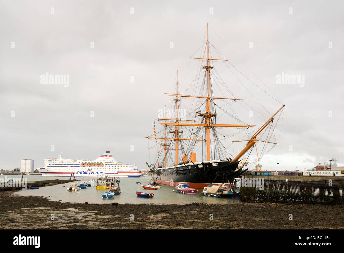 HMS Warrior (1861), the Royal Navy's first iron-hulled, arnour-plated warship, Portsmouth Historic Dockyard, Portsmouth, UK. Stock Photo