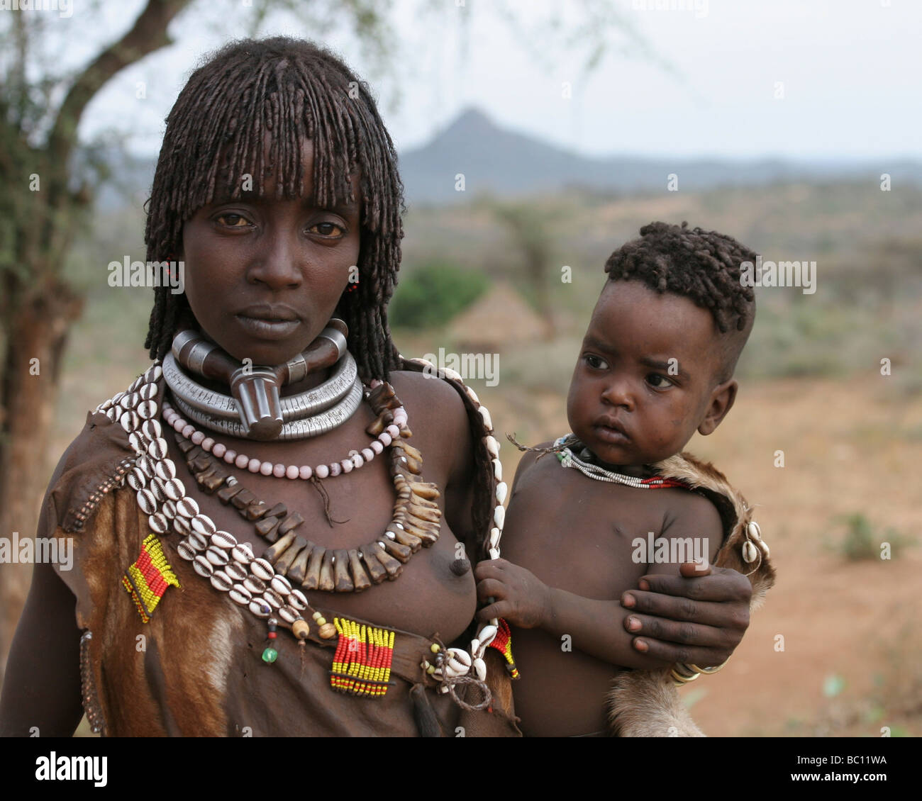 Africa Ethiopia Omo River Valley Hamer Tribe woman and baby Stock Photo