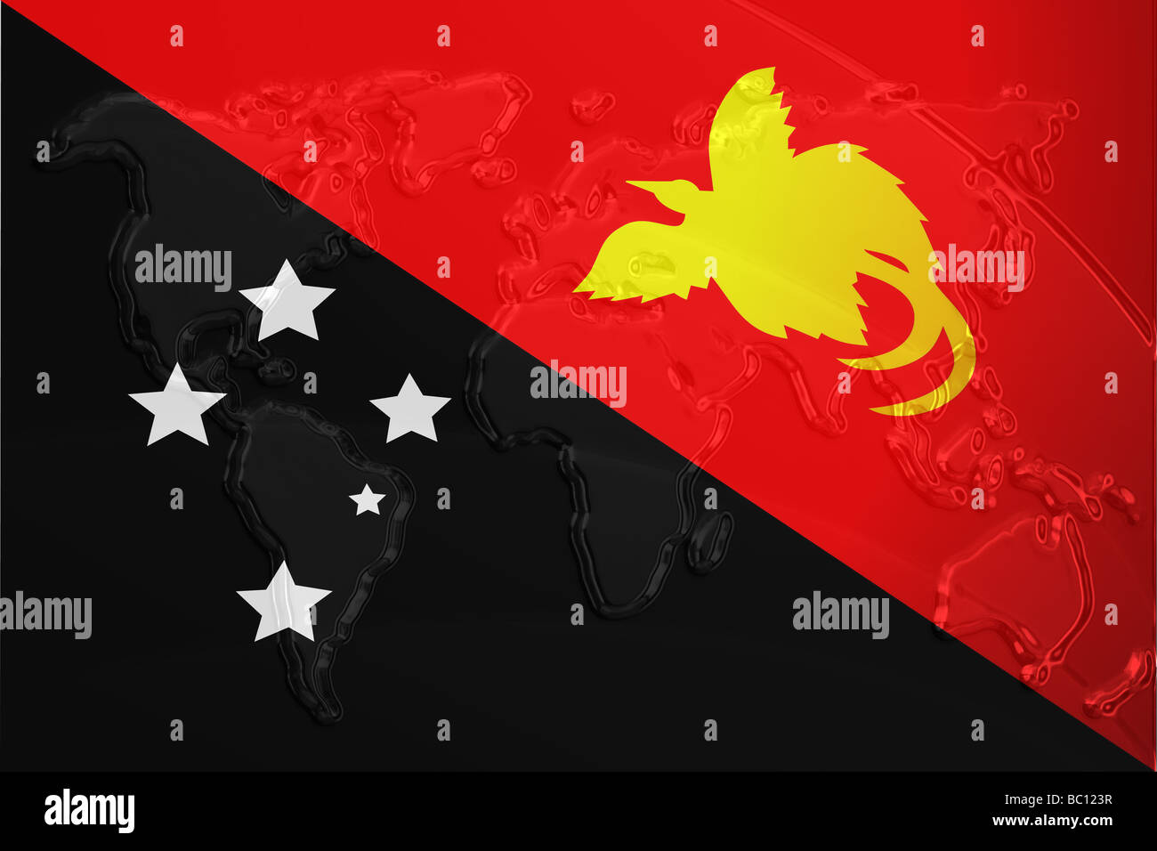 Flag of Papua New Guinea national country symbol illustration with world map metallic embossed look Stock Photo