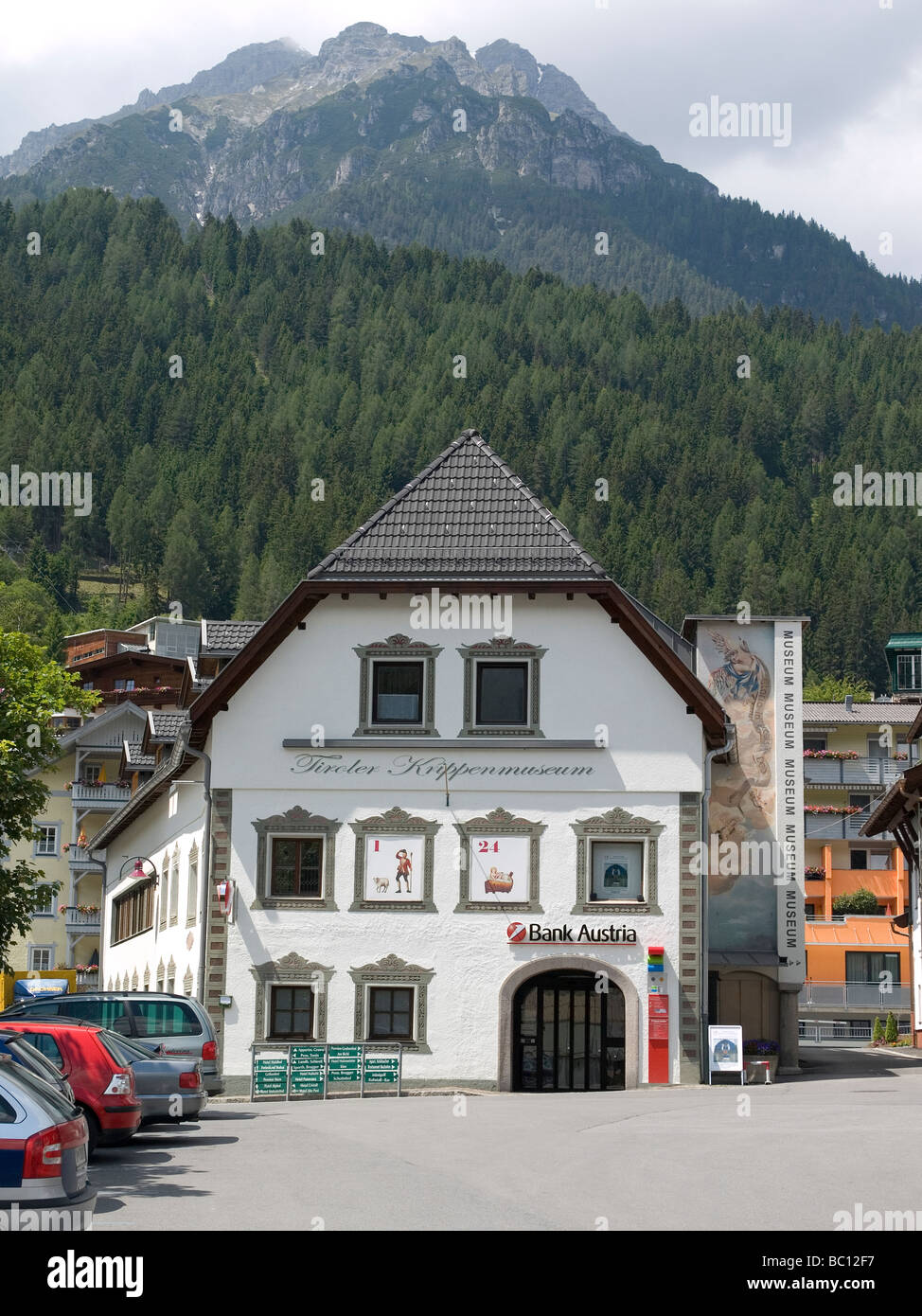 The Krippenmuseum and Bank Austria in Fulpmes Stubaital Tirol. The museum has puppets and scenes from the nativity Stock Photo