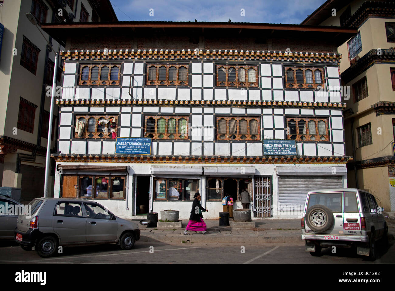 typical house and shops  buildings in Thimphu Bhutan Asia  91363 Bhutan-Thimphu Horizontal Stock Photo