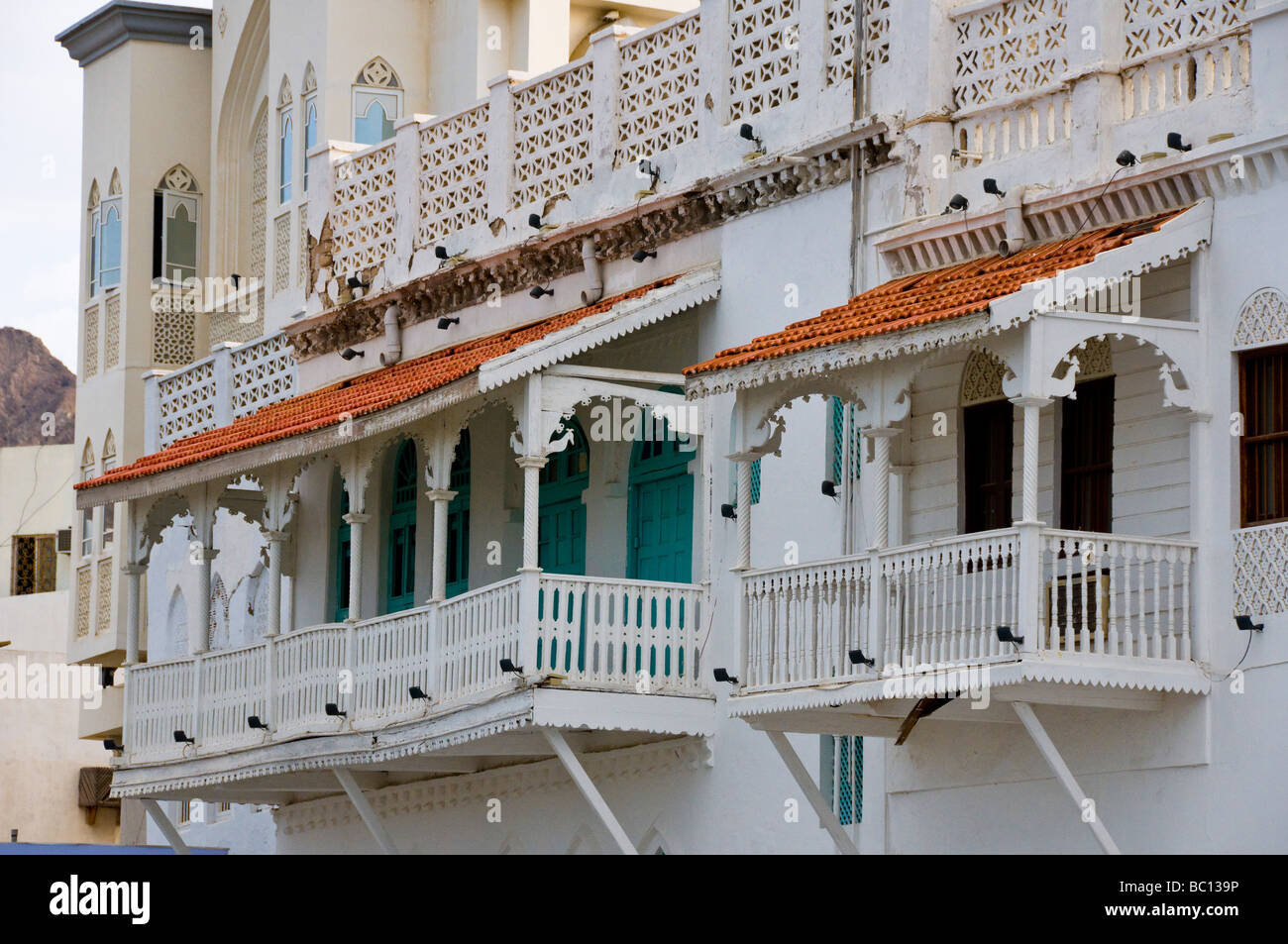 Traditional Arab architecture along the Mutrah waterfront Muscat Oman Stock Photo