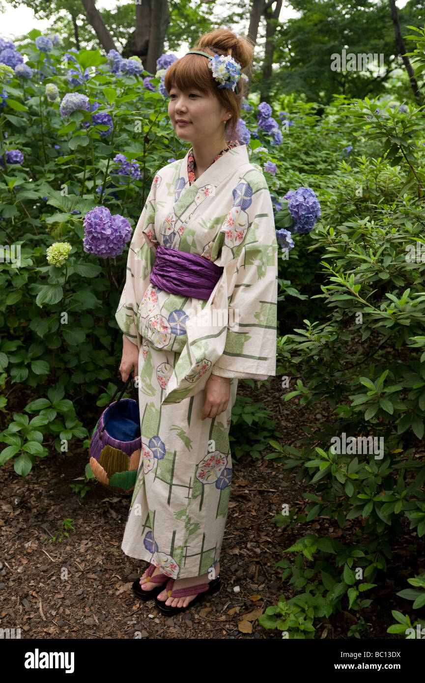 A young Japanese woman poses in a seasonal kimono in front of the hydrangea bushes at Inokashira Park Tokyo Japan Stock Photo