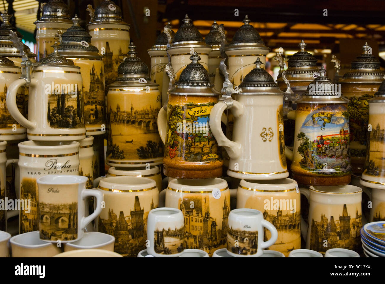 Souvenir beer steins at Havelska market in old town Prague Czech