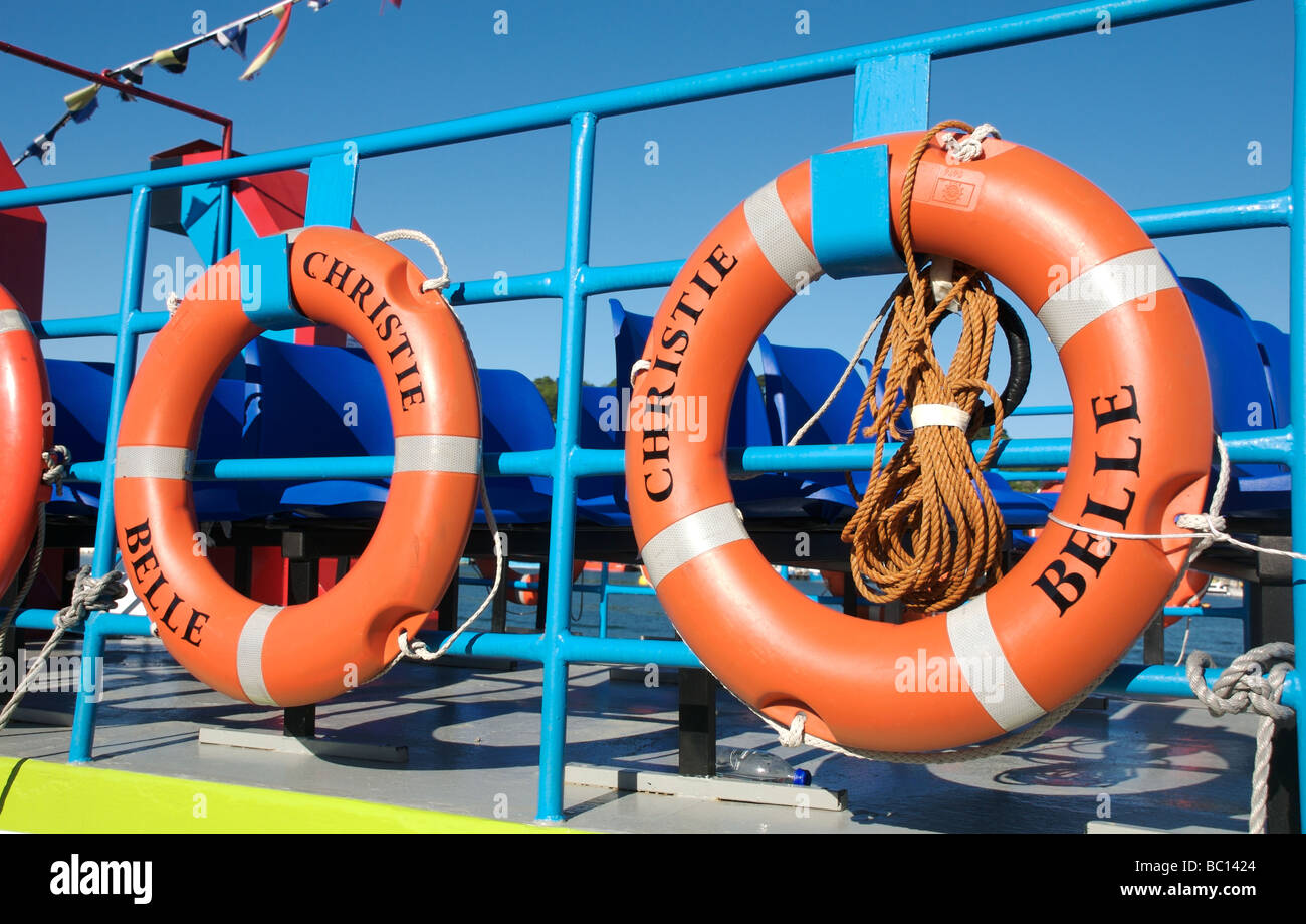 Christie Belle tour boat lifebuoys, Dartmouth, Devon, UK Stock Photo