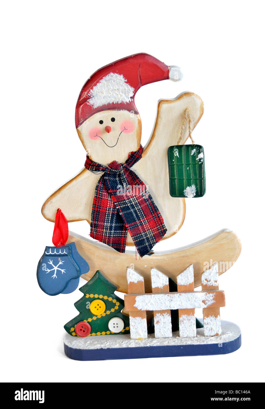 cutout of a smiling snowman decoration. Stock Photo