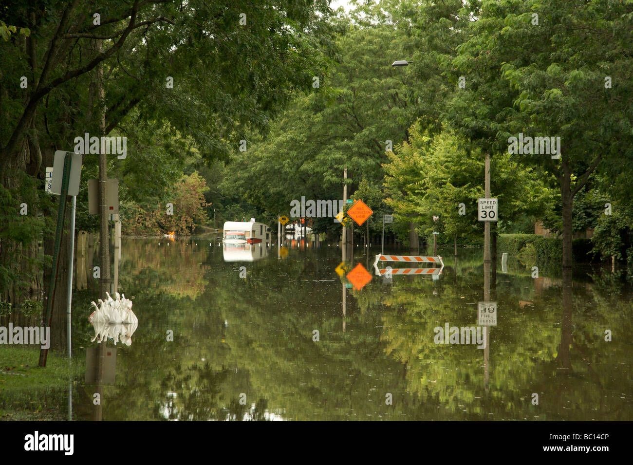 Lake Street in River Forest Illinois flooded due to tropical storm remnants from Tropical Storm Lowell and Hurricane Ike Stock Photo