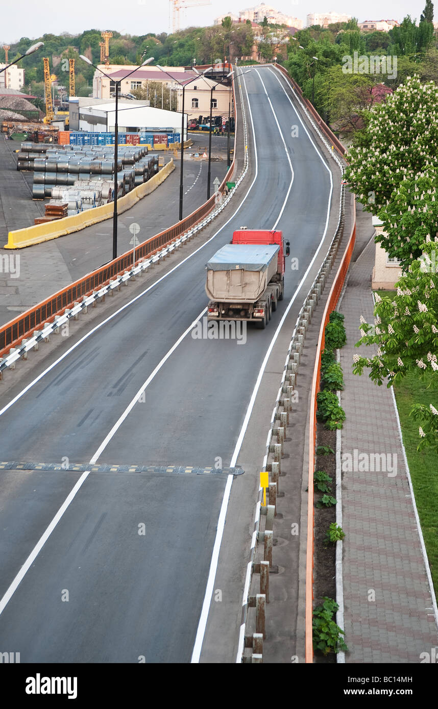 Automobile transportations A lorry on asphalt to road Stock Photo