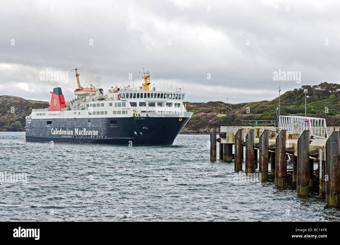 Caledonian MacBrayne car ferry Isle of Lewis arriving at the pier in Stornoway Isle of Lewis in the Outer Hebrides of Scotland Stock Photo