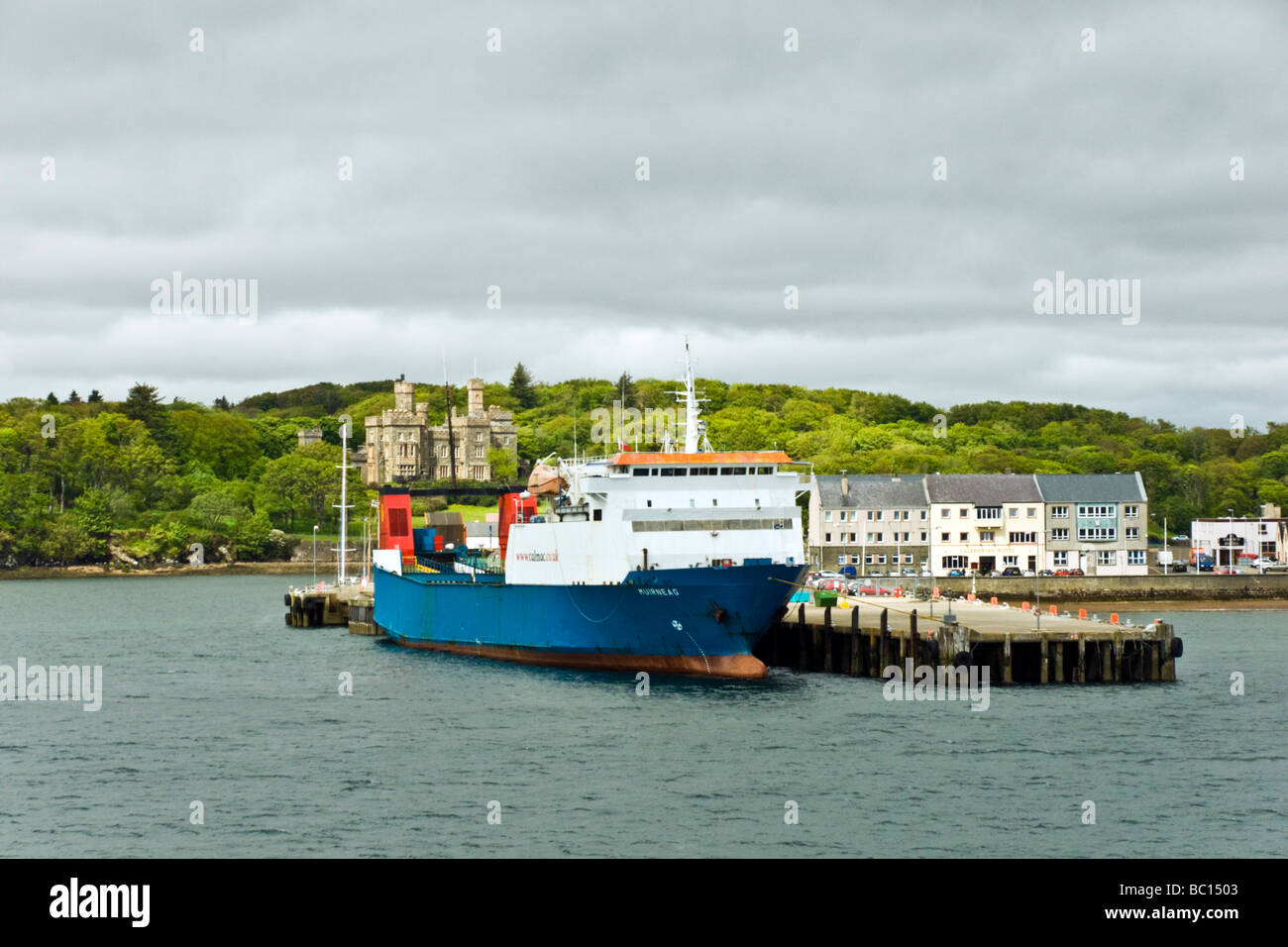 Stornoway Harbour Stornoway on the Isle of Lewis Outer Hebrides Scotland with berthed Calmac RoRo ferry Muirneag Stock Photo