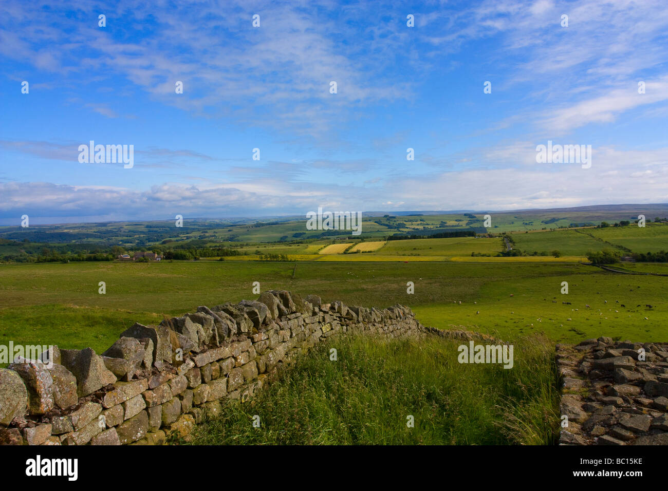 View over Tyne Valley towards Once brewed public house from Hadrians Wall Stock Photo