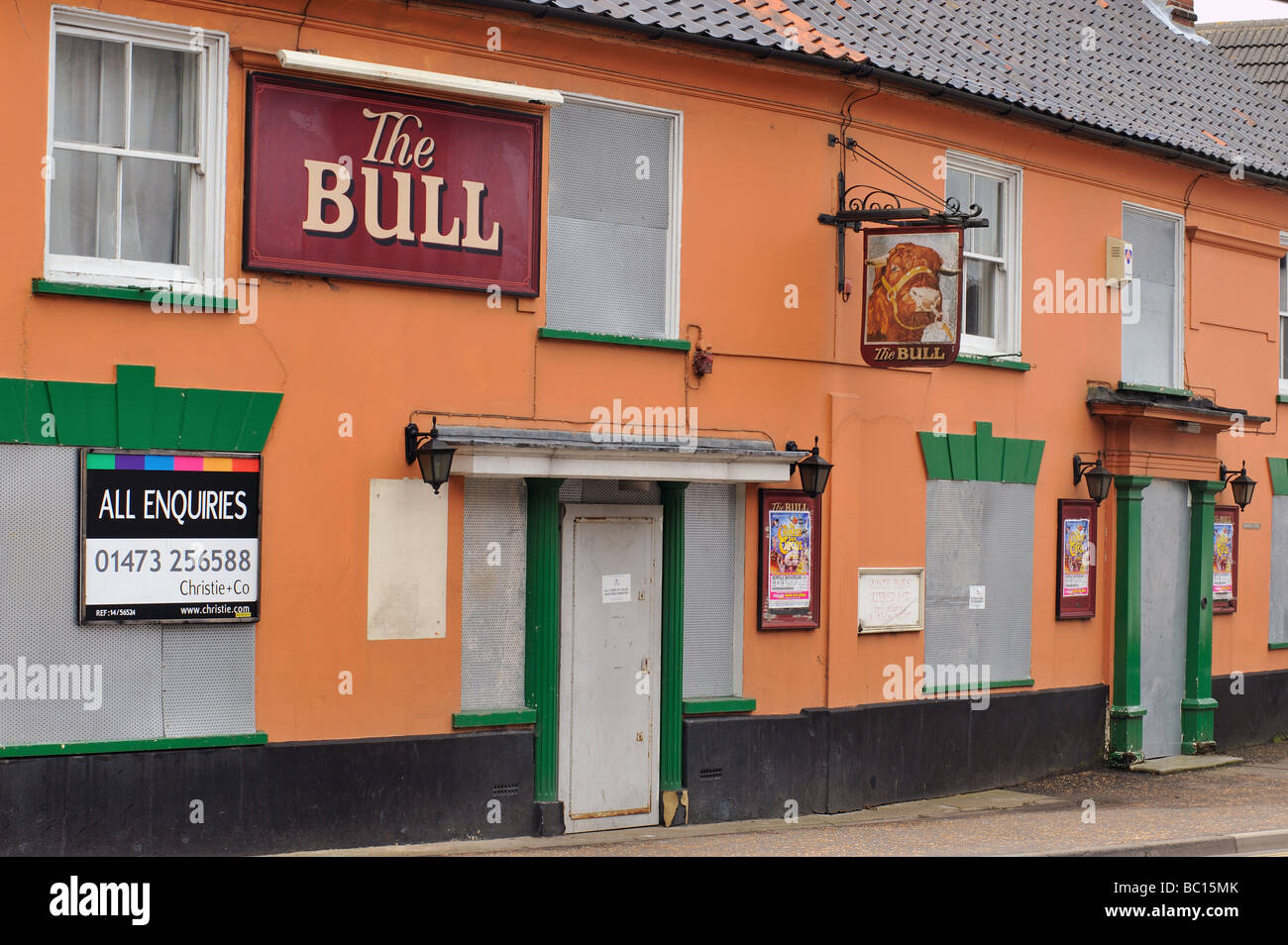 The Bull pub closed and boarded up Watton Thetford Norfolk UK Stock Photo