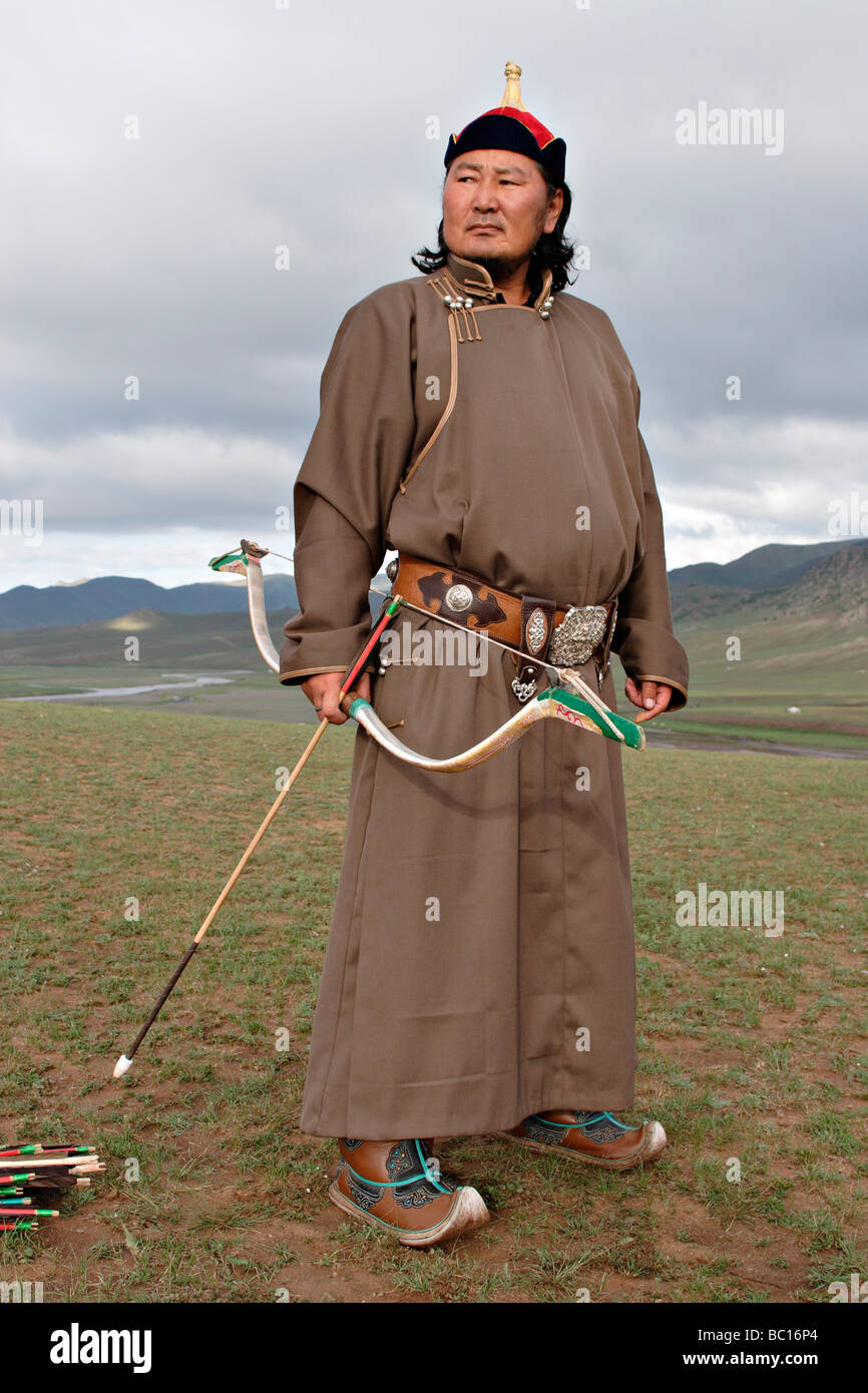 Mounted archer dressed as Genghis Khan. Orkhon Valley, Central Mongolia Stock Photo Alamy