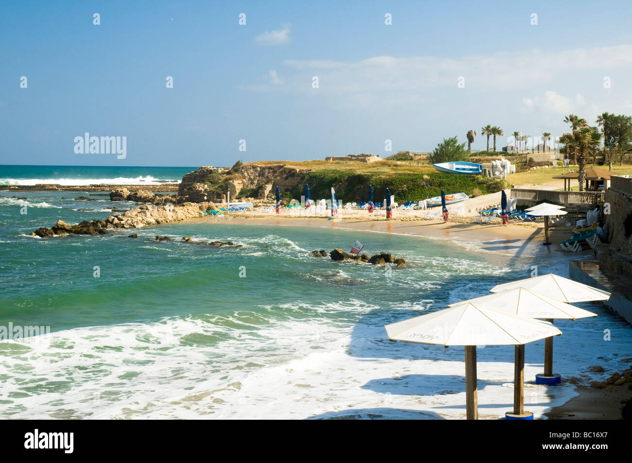Israel Caesarea The old harbour now a resort beach Stock Photo