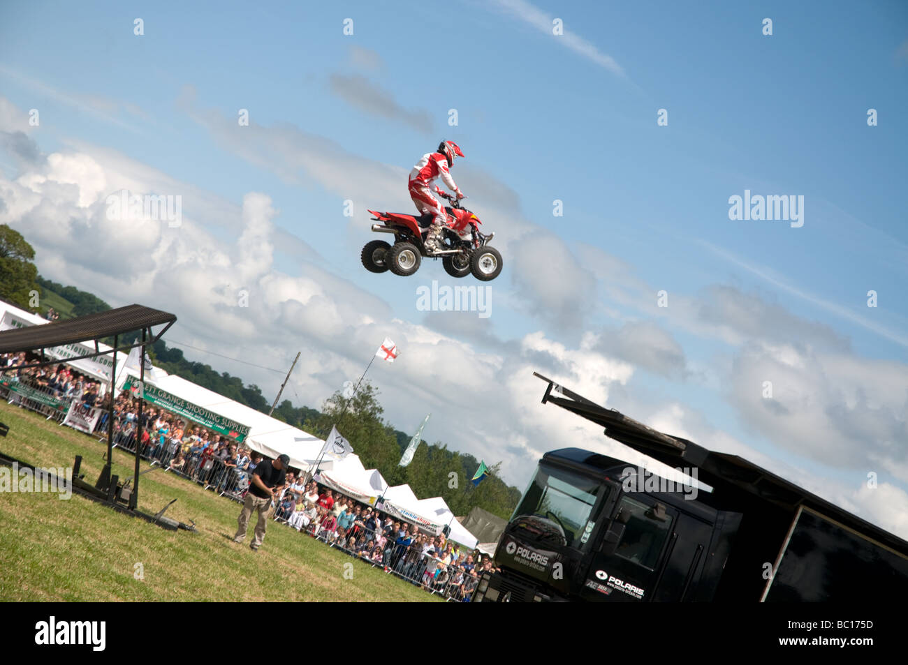 Ex-world championship moto-cross rider Jason Smyth performing motorcycle stunts at the Welsh game fair 2009 Stock Photo