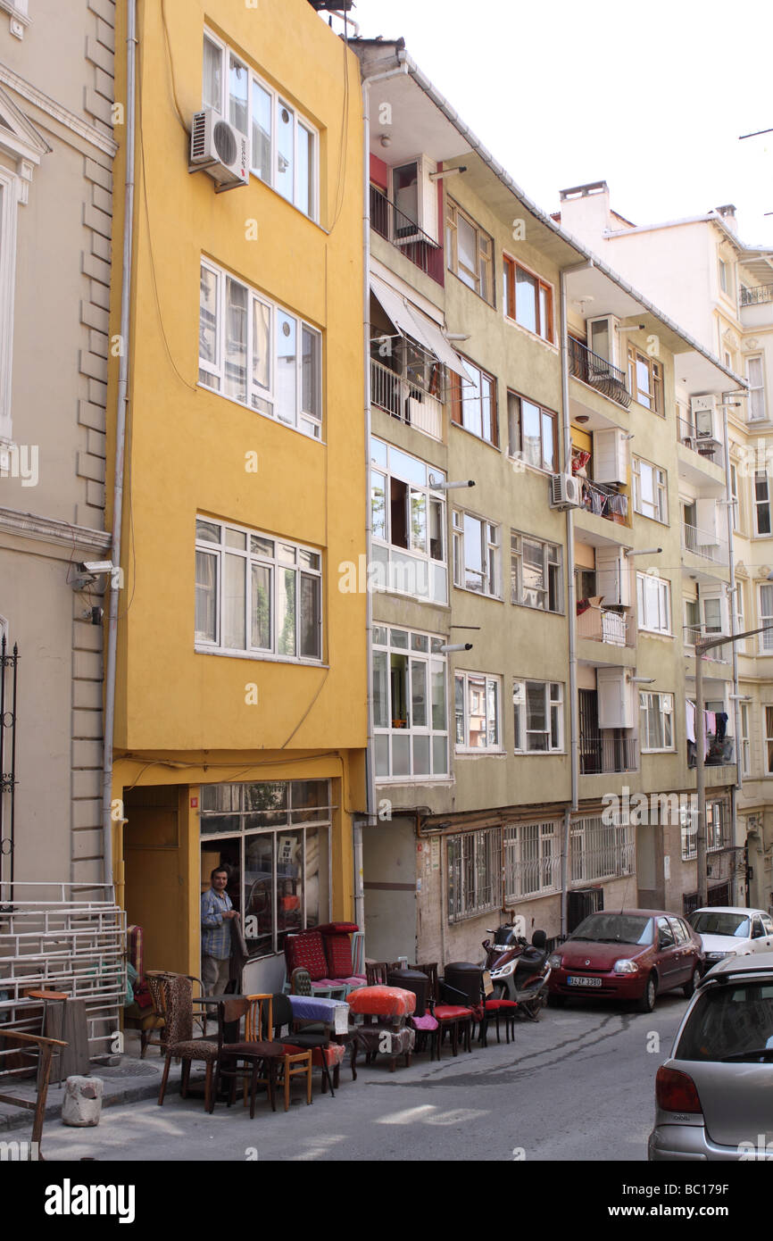 Istanbul Turkey the residential district suburb of Galatasaray in the Beyoglu part of the city blocks of flats and a furniture shop Stock Photo