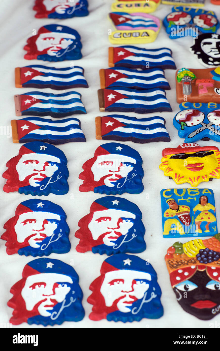 Cuban souvenirs on a market stall, including Che Guevara