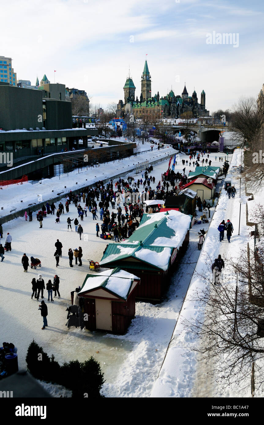 Canada, Ottawa, Rideau Canal, Winterlude, People Skating On The Longest Ice Skating Rink In The World Stock Photo