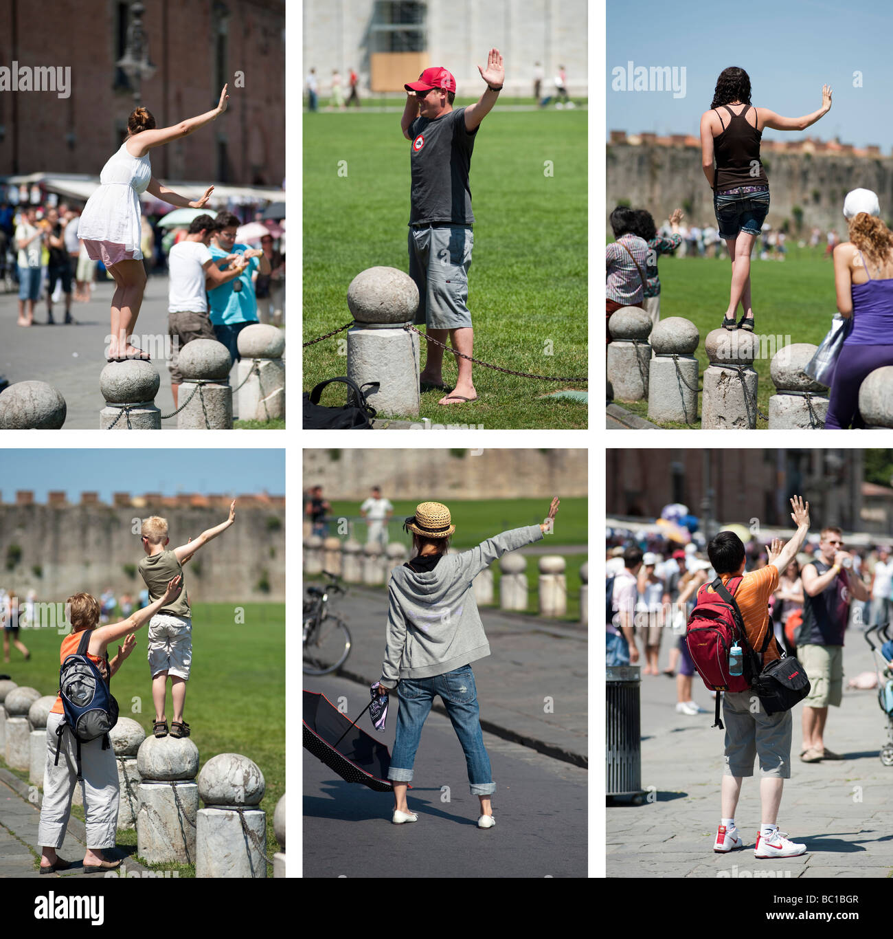 Leaning Tower in Pisa, Italy, for further information what these people are doing, please have a look to the description field Stock Photo