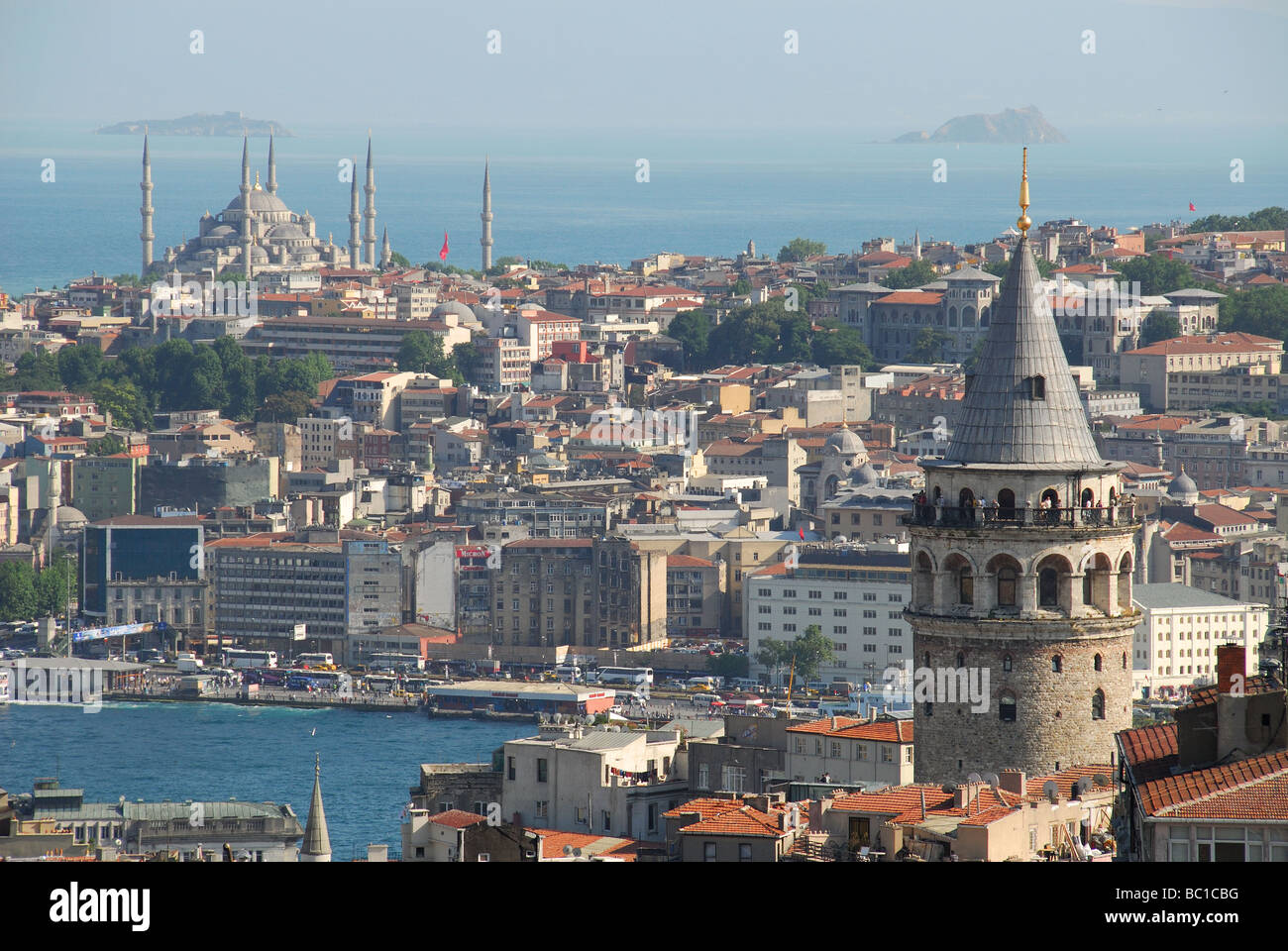 ISTANBUL, TURKEY. A view from Beyoglu district towards Sultanahmet and the Blue Mosque, with the Galata Tower on the right. 2009 Stock Photo
