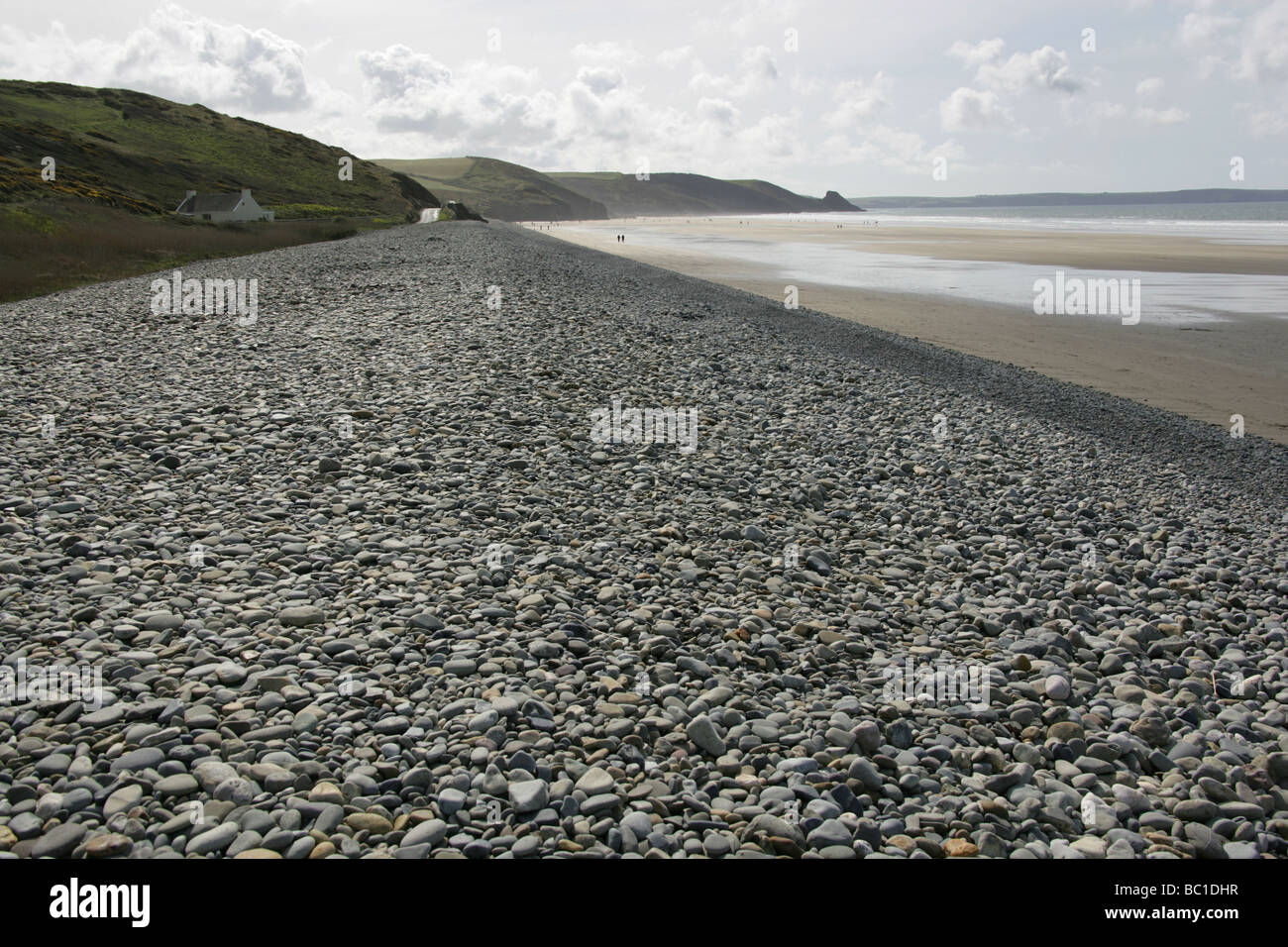 The village of Newgale, Wales. View of Newgale beach with the high tide