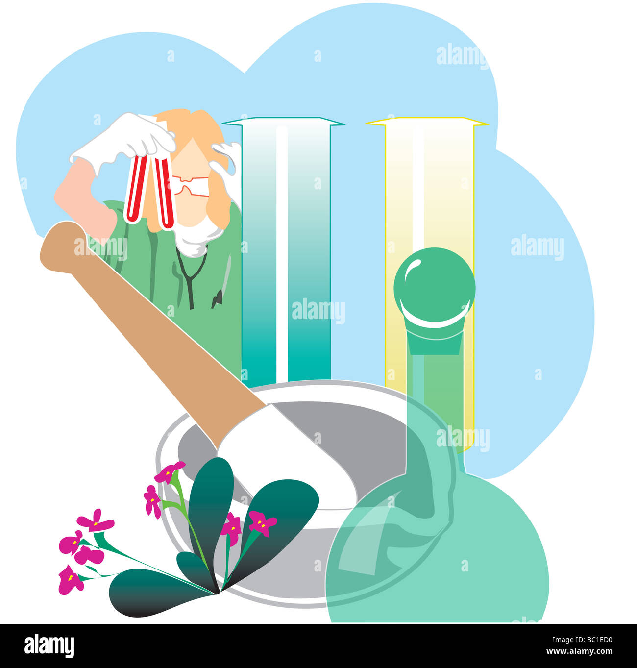 Illustration of Homeopathic Doctor or nurse using science and herbs to heal. science lab and chemistry equipment such as pestal Stock Photo