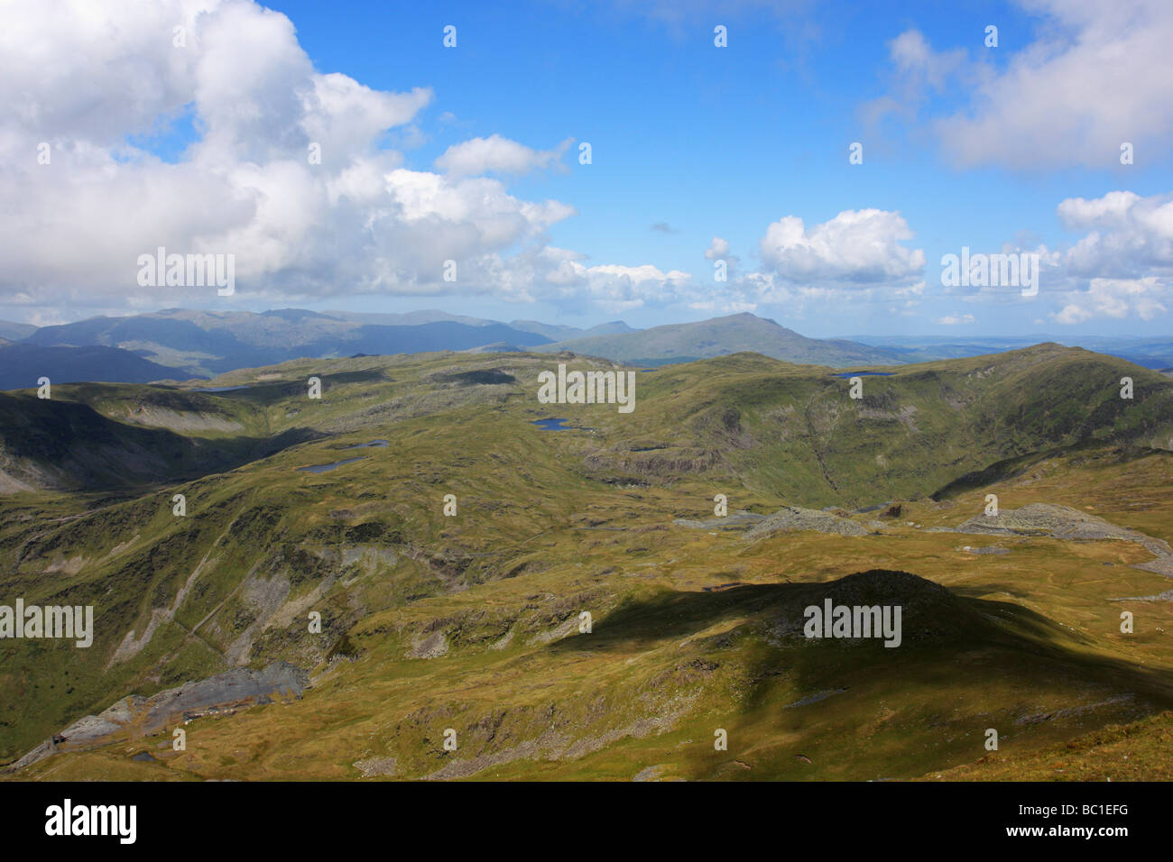 A view north from the summit of Moelwyn Mawr, Snowdonia, showing a distant Moel Siabod and the Carneddau range Stock Photo