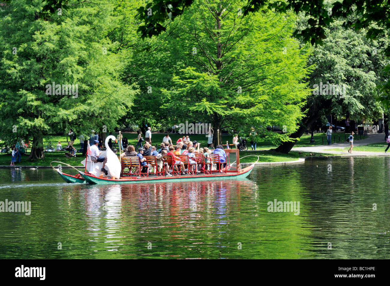 A Swan boat  ride in the Boston Public Garden's lagoon located adjacent to Boston Common, Boston MA Stock Photo