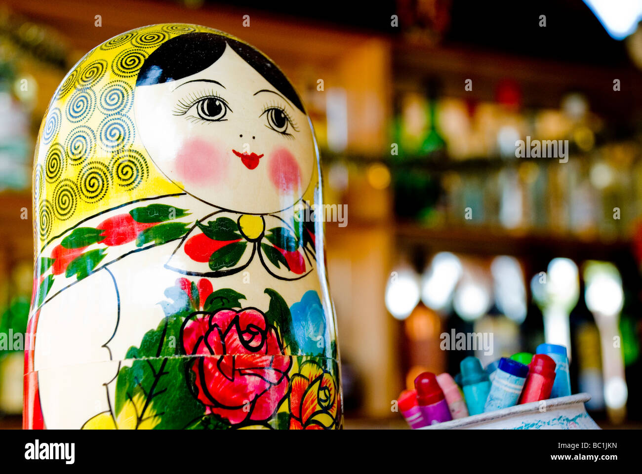 'Matreshka' - traditional Russian doll. USSR Russian restaurant, Goa, India. Stock Photo