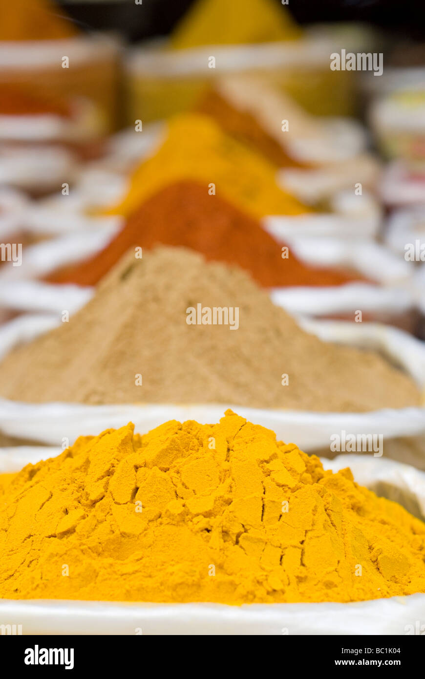 Indian spices on sale in the local market. Goa (Palolem beach), India. Stock Photo