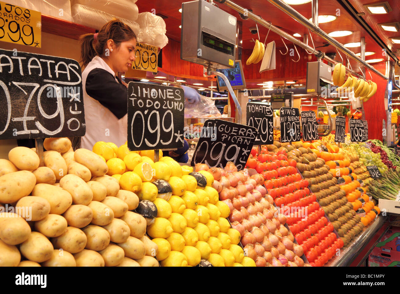 Fruit and vegetable stall La Boqueria market hall Barcelona Catalunya Spain Stock Photo