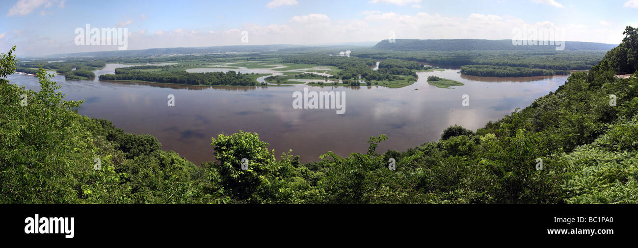 Mississippi River wide Panoramic river image from elevated viewpoint Stock Photo