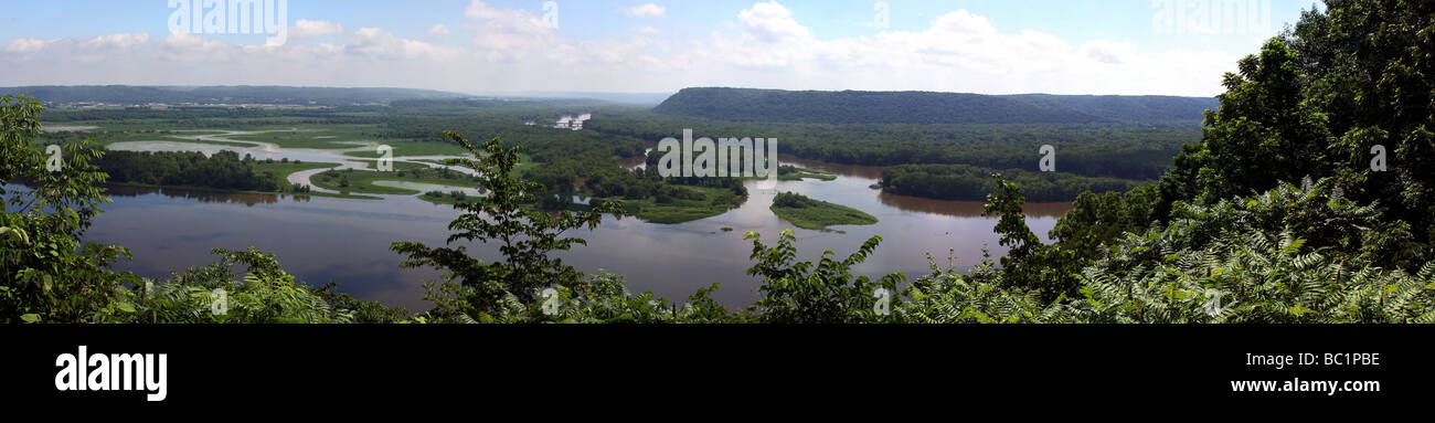 Panoramic Mississippi river image from elevated viewpoint overlook Stock Photo