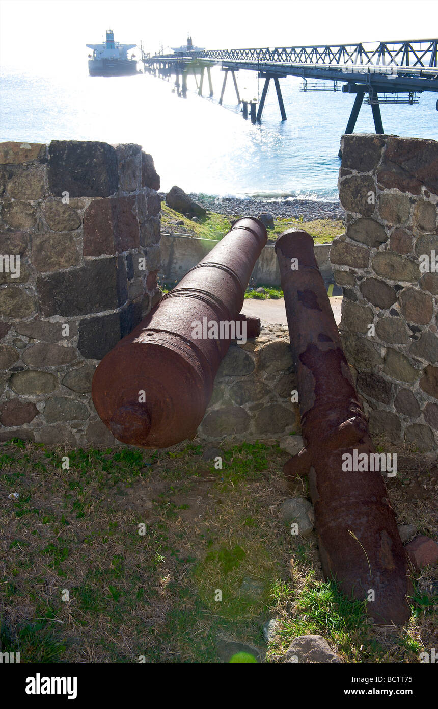 Sint Eustatius battlement remains at Statia Oil Terminal Stock Photo