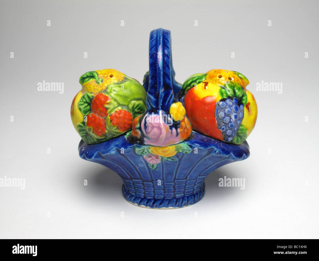 Vintage Japanese basket of fruit pottery novelty salt and pepper cruet